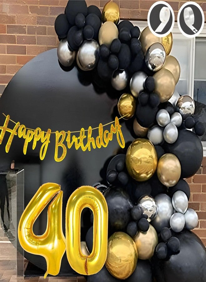 Flyloons 40th Happy Birthday Decoration Golden and Black Theme Combination for Boys Girls | 30 Pcs Gold Black Silver Balloons | Gold Happy Birthday Cursive Glitter Banner | Arch Tape | Glue Dots - Image 1